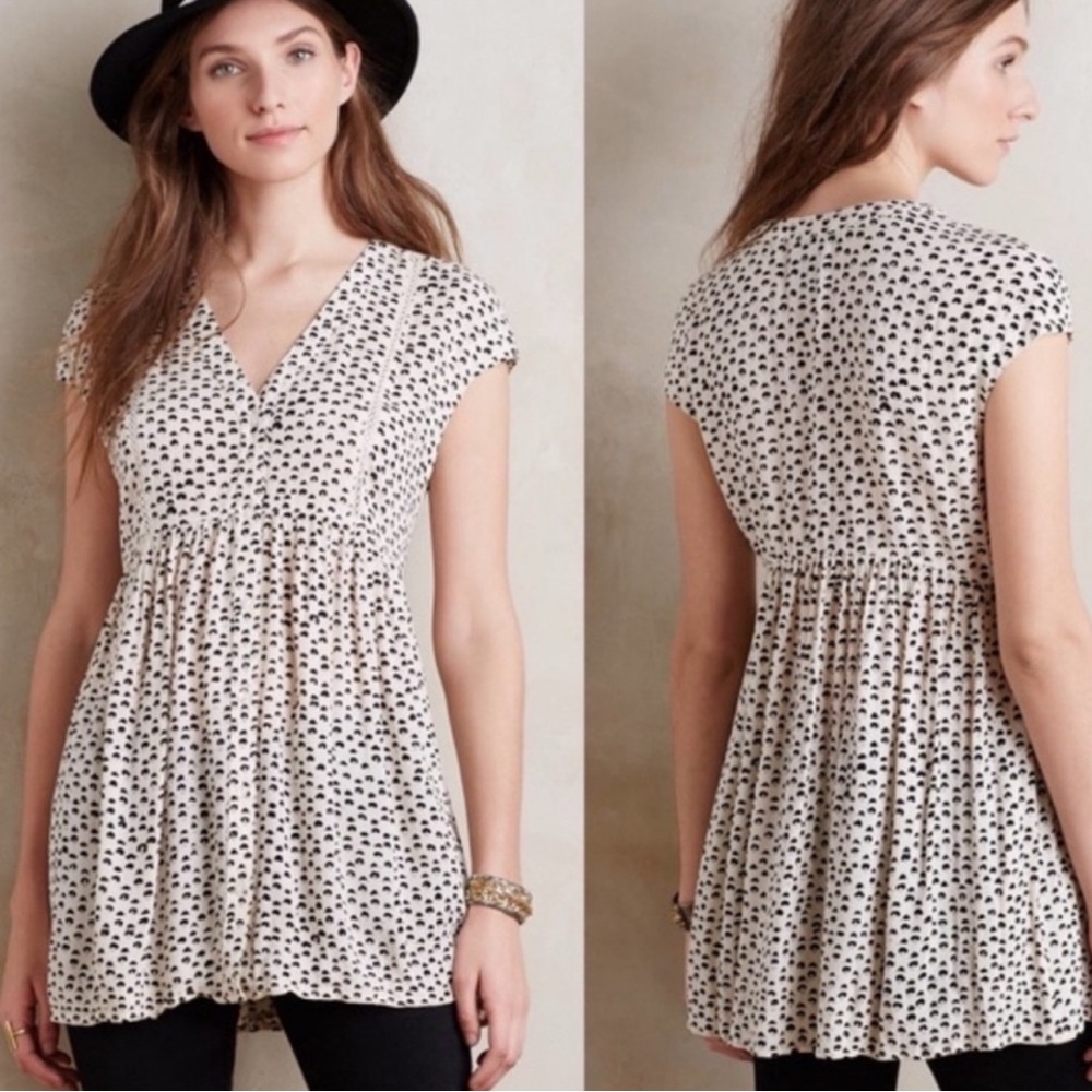 Anthropologie Vanessa Virginia Ladder Tunic Top Spotted Pattern Black Lace SZ M